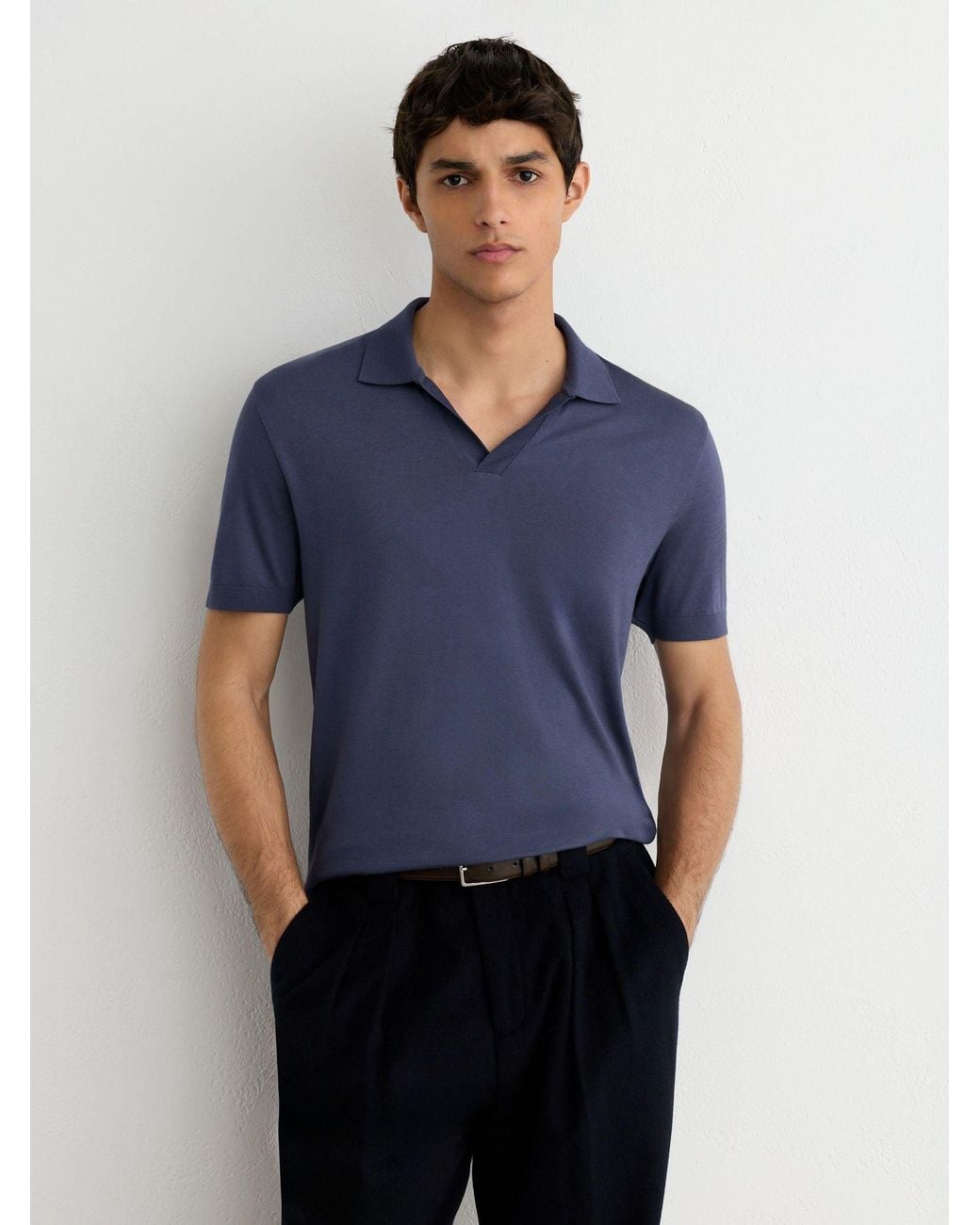 Reiss Blue Cotton- Open-Collar Short-Sleeve Polo Shirt for men