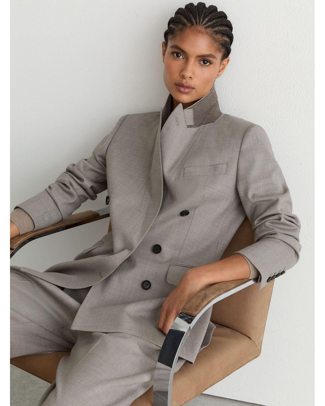 Reiss Gray Petite Wool-Blend Double-Breasted Blazer