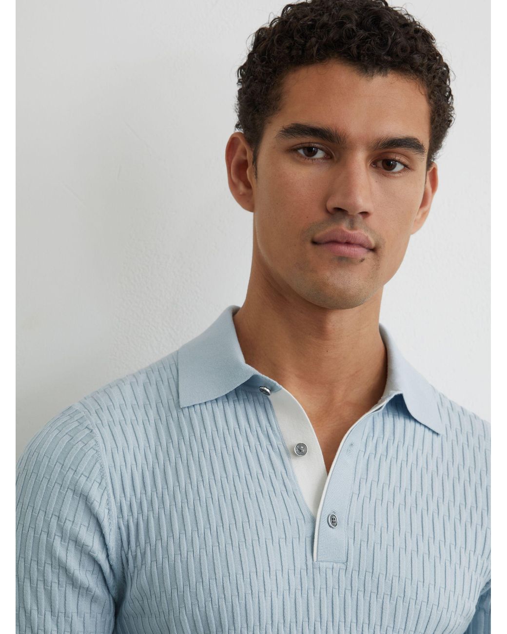 Reiss Blue Textured-Knit Half-Button Polo Shirt for men