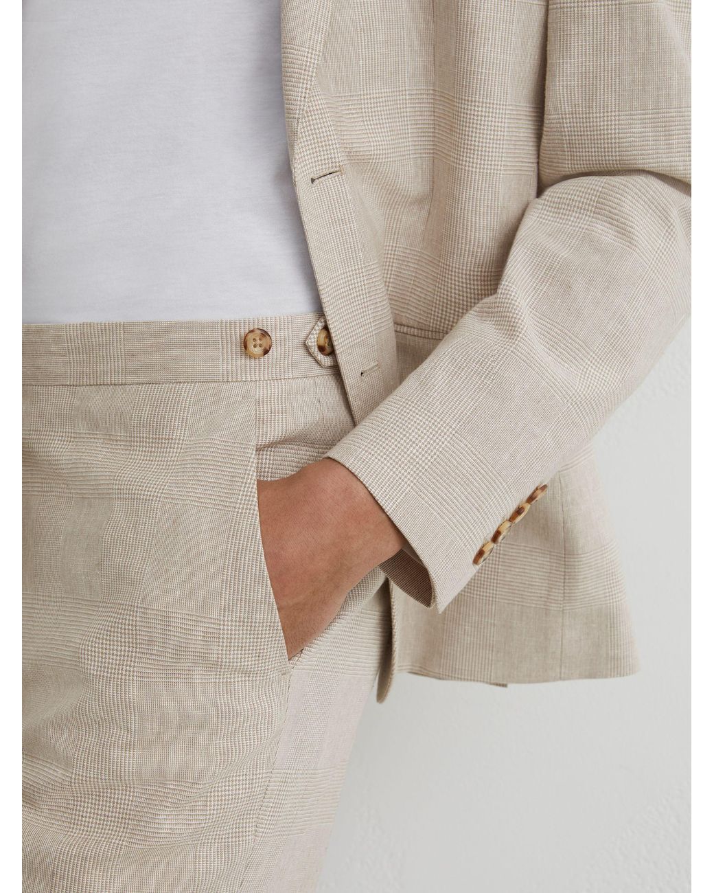 Reiss Natural Linen-Cotton Check Tailored-Fit Trousers for men