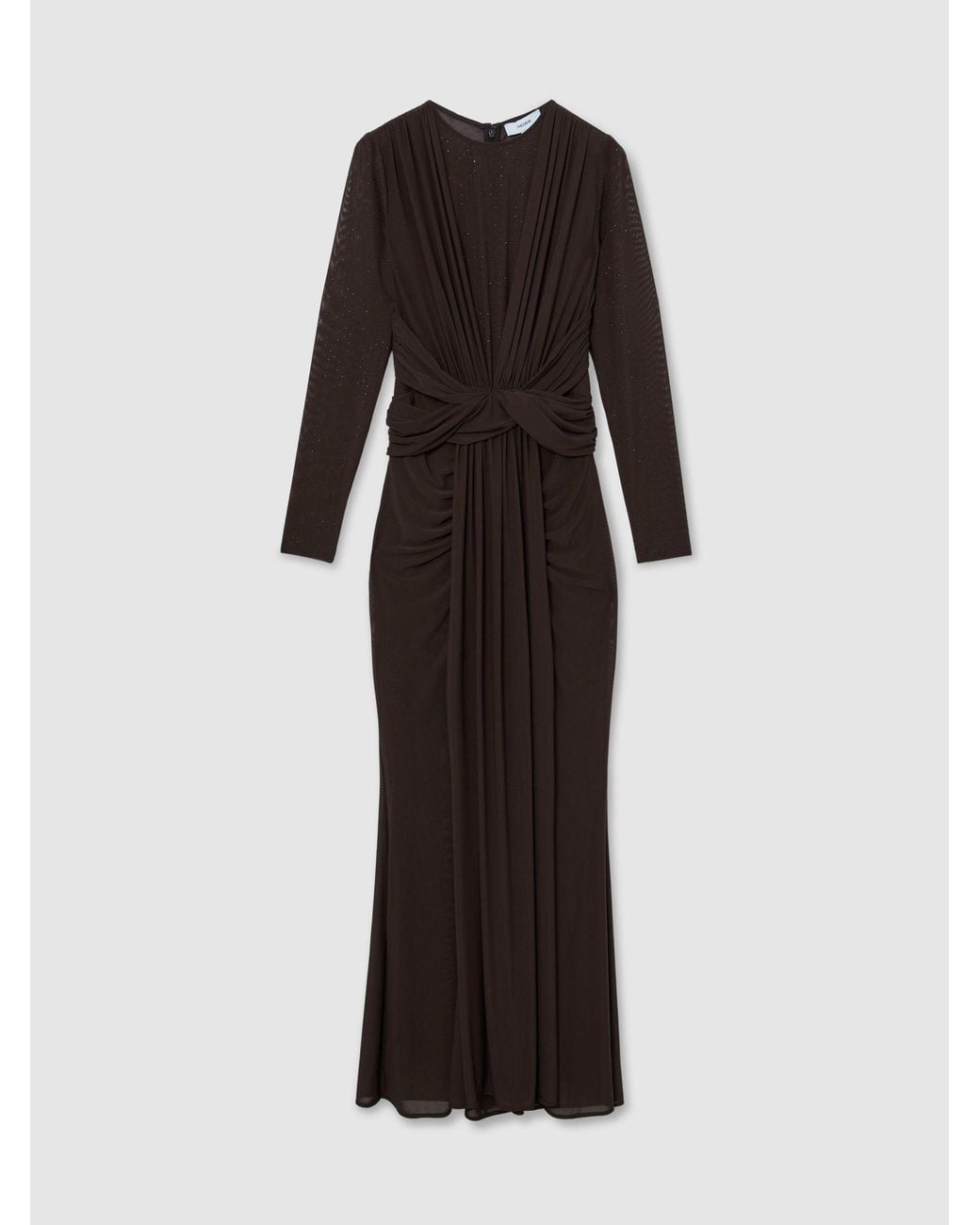 Reiss White Tess - Chocolate Brown Crystal-detail Mesh Draped Maxi Dress, 12