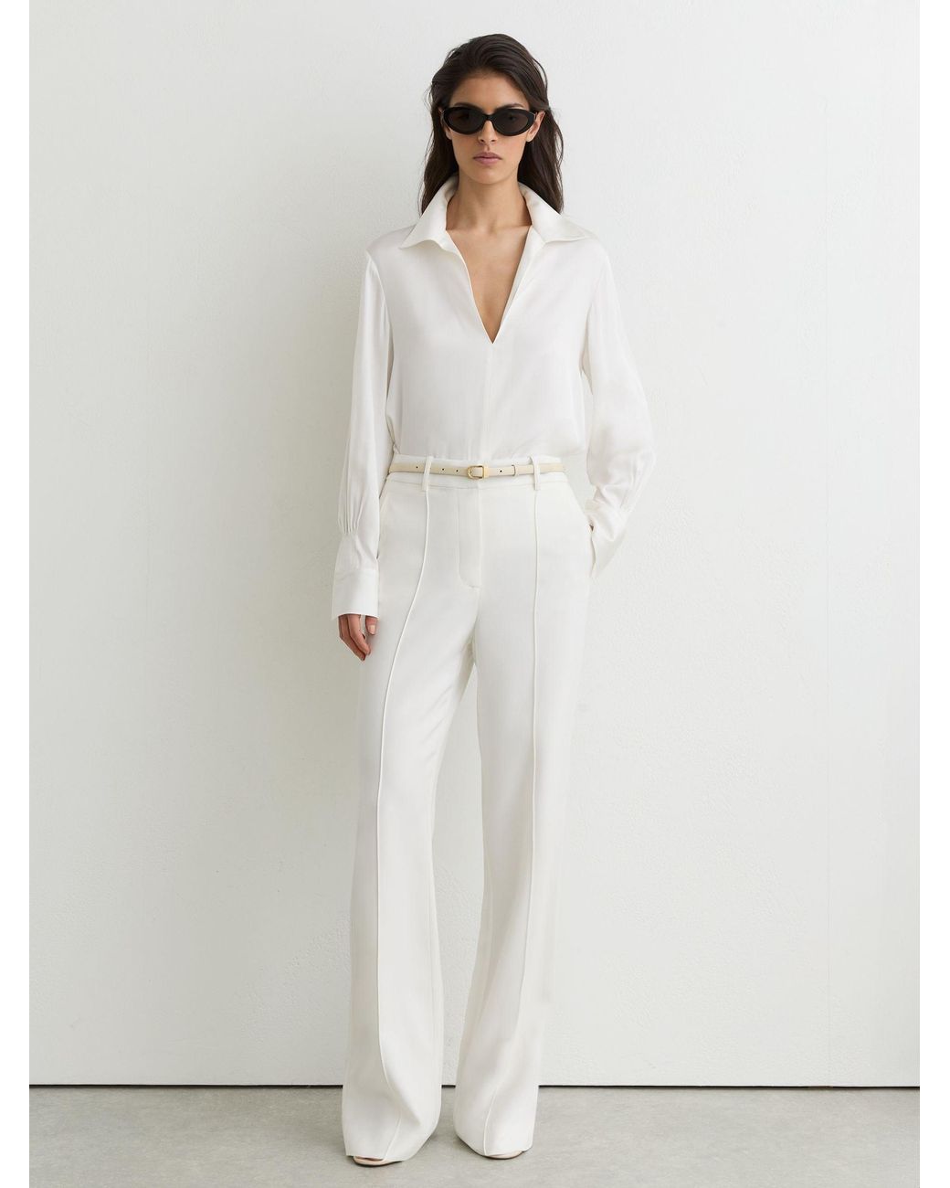 Reiss White Silk-Blend Open-Collar Shirt