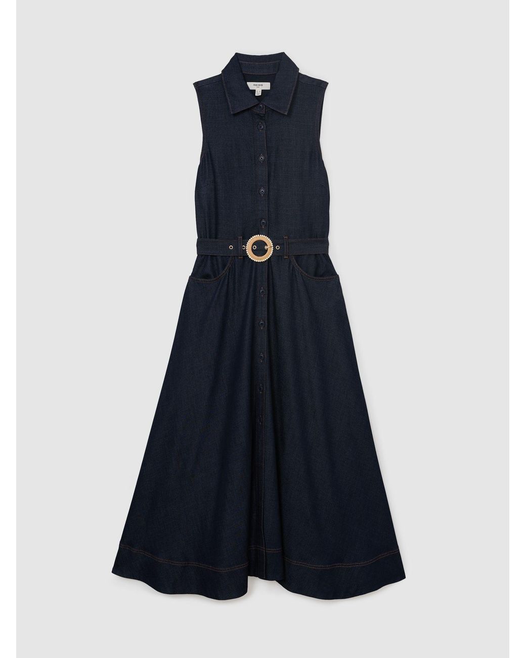 Reiss Remi - Indigo Blue Button-front Belted Denim Midi Dress, Us 2