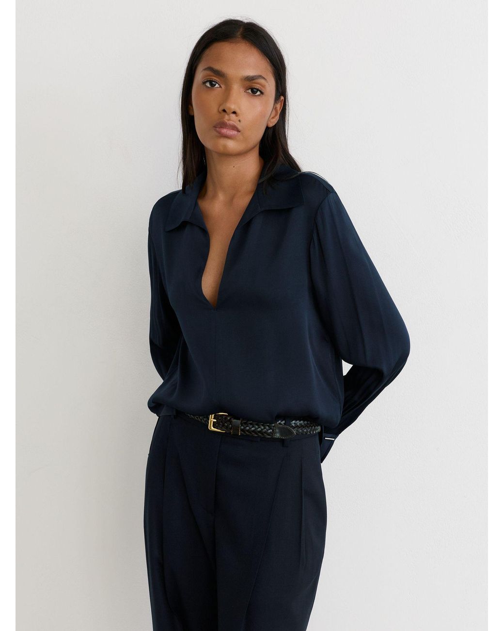 Reiss Blue Silk-Blend Open-Collar Shirt