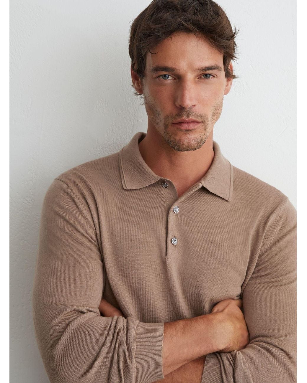 Reiss Brown Merino Wool Long-Sleeve Polo Shirt for men