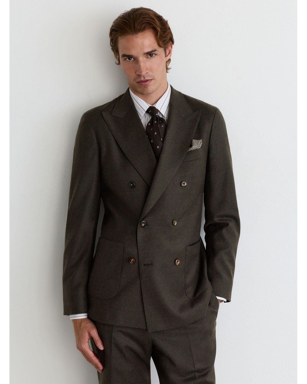 Reiss Gray Wool-Blend Flannel Double-Breasted Suit Blazer Classic-Fit for men