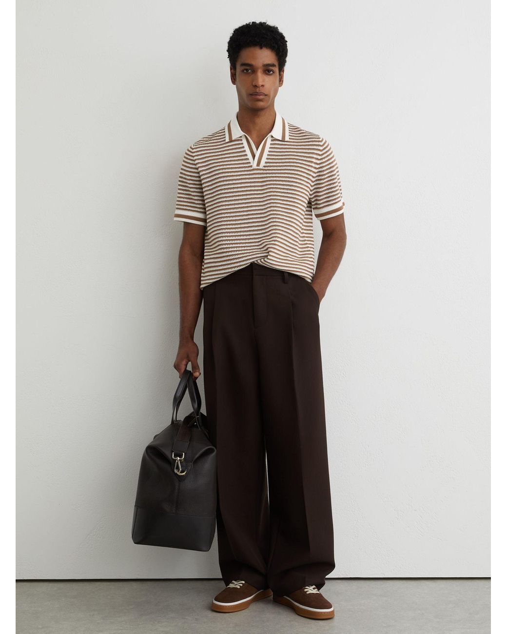 Reiss Gray Camel & Off Stripe Knit Open-Collar Polo Shirt With Linen for men