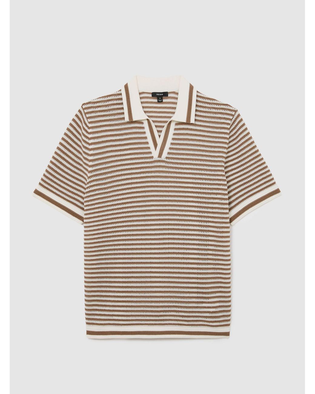 Reiss Gray Camel & Off Stripe Knit Open-Collar Polo Shirt With Linen for men