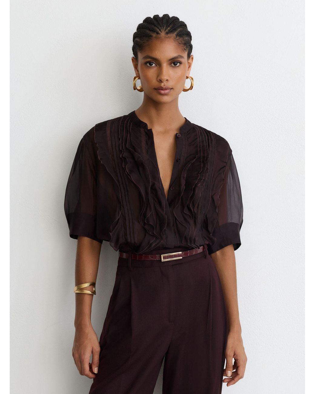 Reiss Brown Organza Frill-Detail Short-Sleeve Top With Silk
