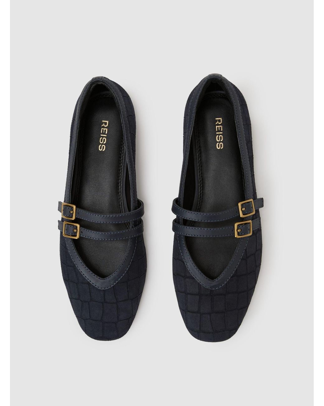 Reiss Blue Suede Croc-Embossed Ballet Flats