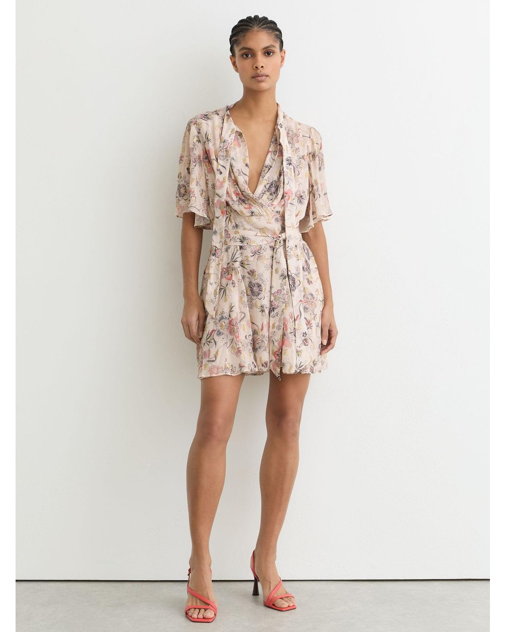 Reiss Metallic-Floral Flippy Mini Dress in Natural | Lyst