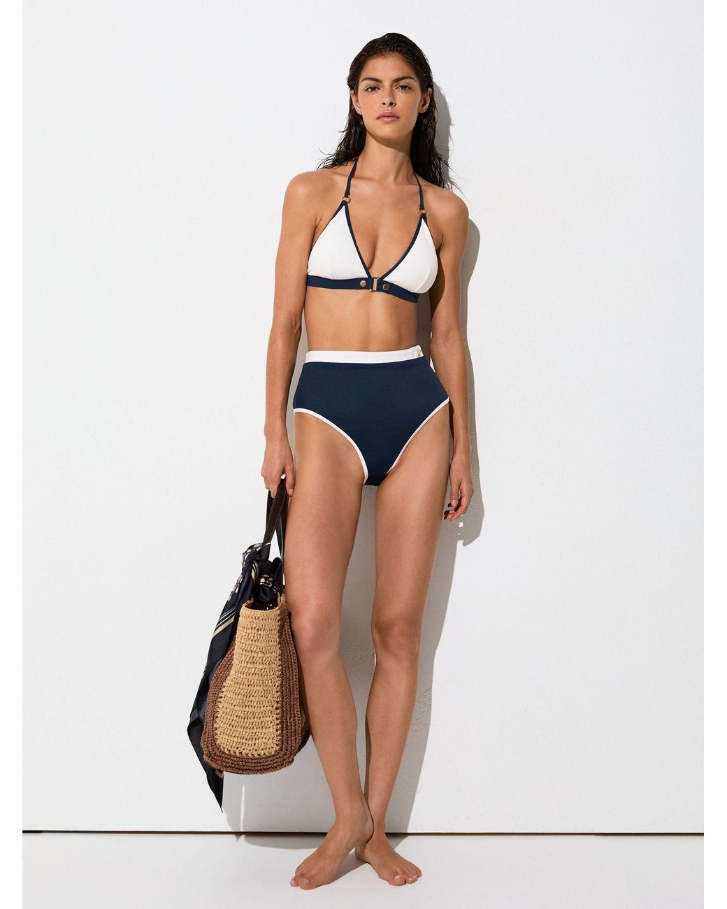Reiss Blue Contrast Halterneck Triangle Bikini Top