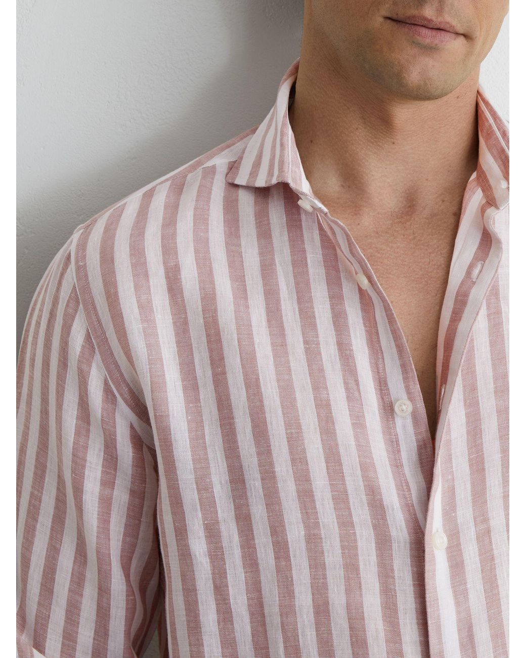 Reiss Natural Dusty Rose & Stripe Linen Striped Cutaway-Collar Shirt Regular-Fit for men