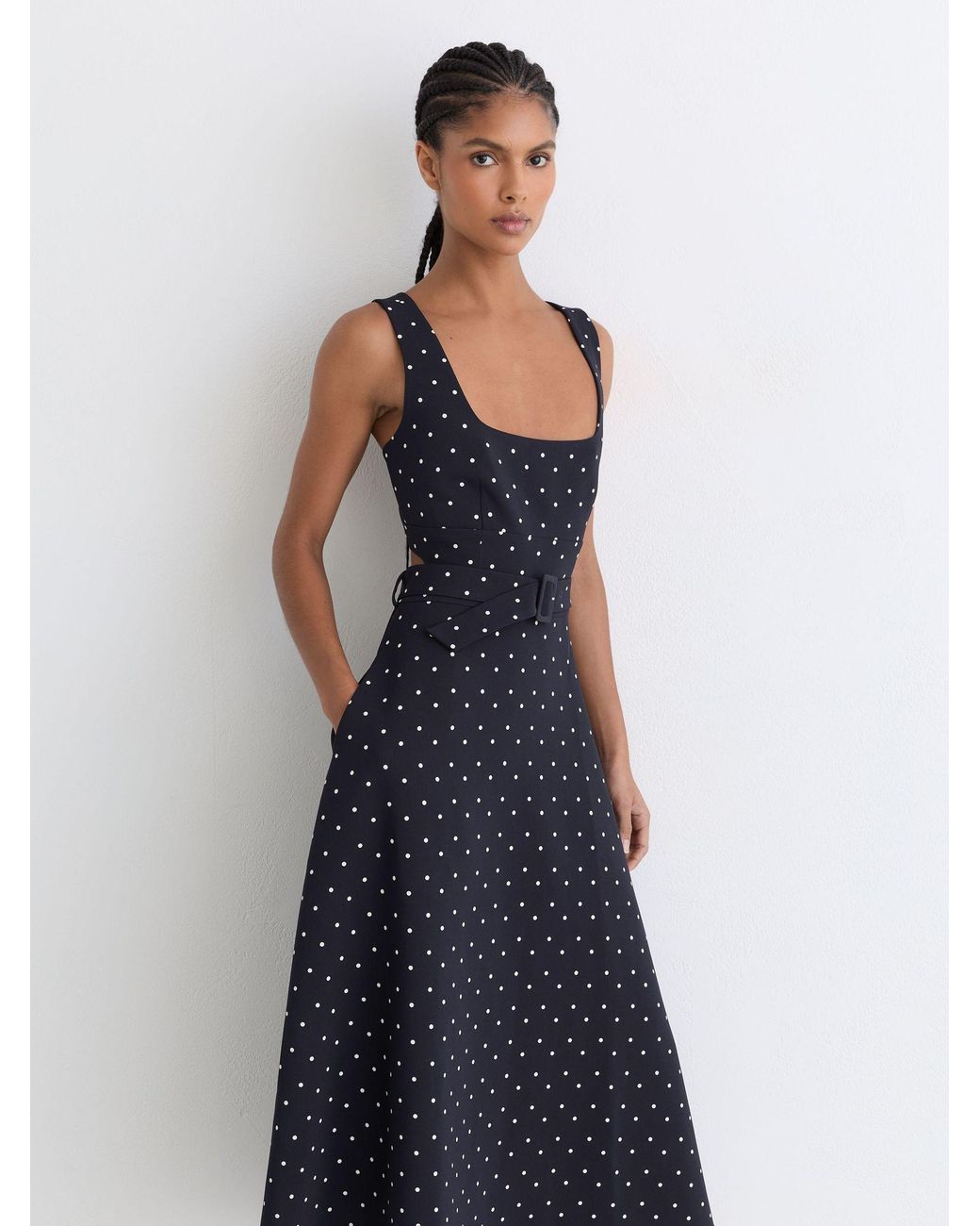 Reiss Blue Polka Dot-Print Belted Midi Dress