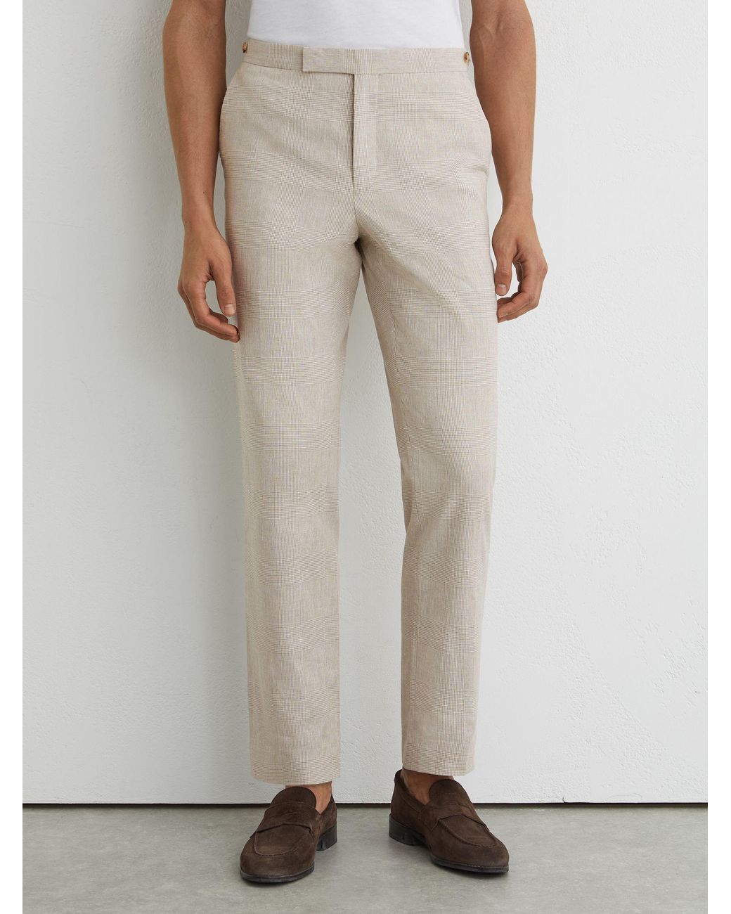 Reiss Natural Linen-Cotton Check Tailored-Fit Trousers for men