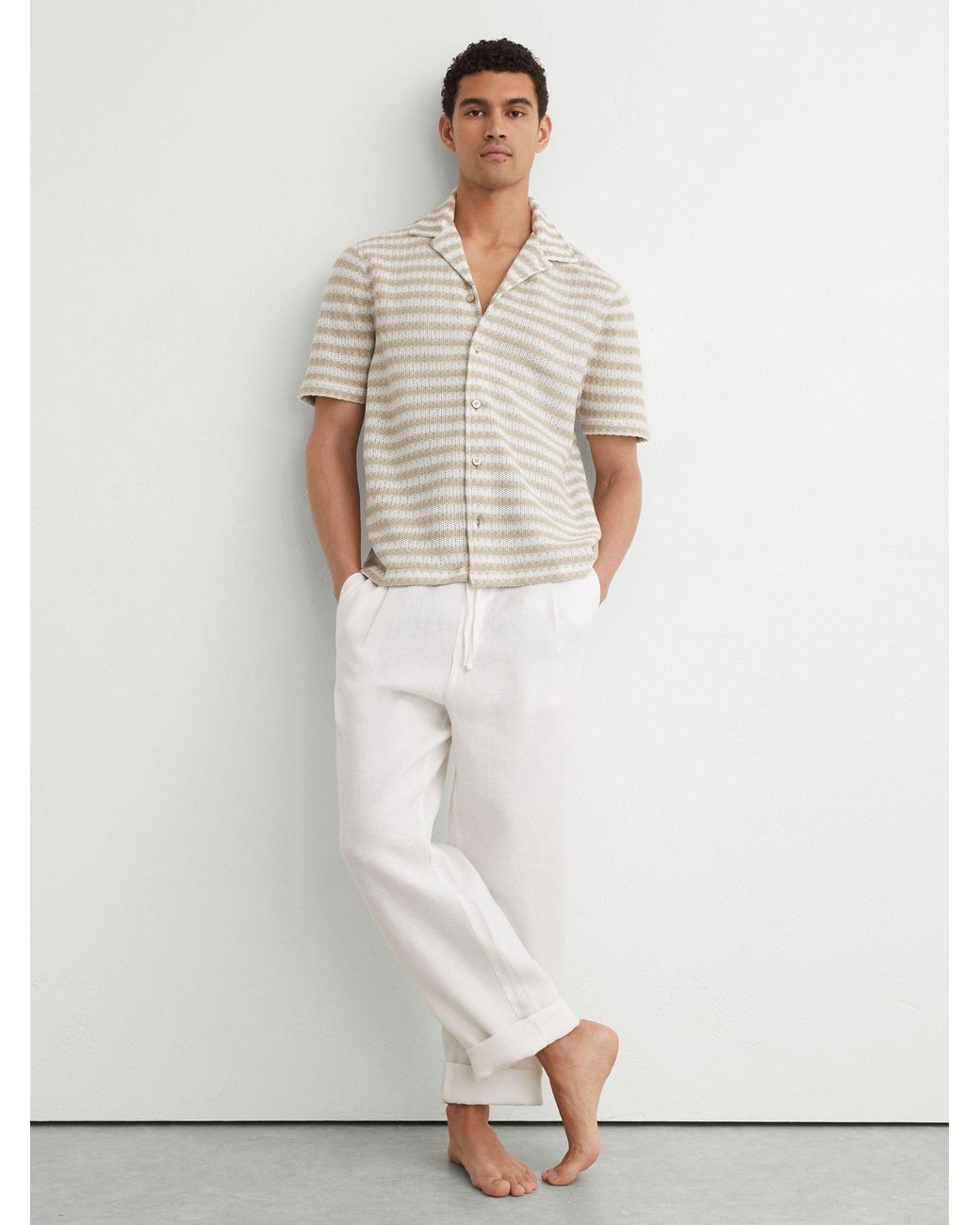 Reiss White Oatmeal Striped Crochet Cuban-Collar Shirt for men