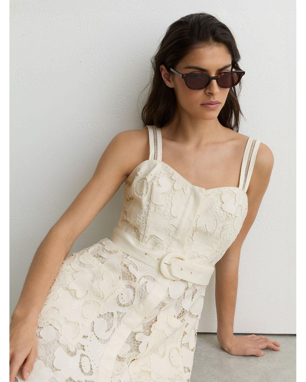 Reiss Natural Kerina - Cream Cotton-blend Lace Button-front Midi Dress, Us 0