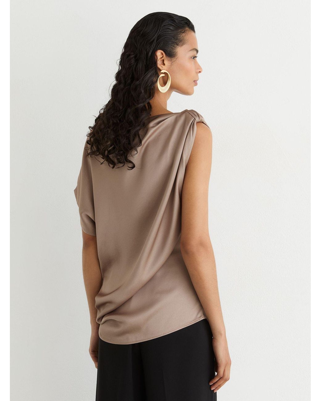 Reiss Brown Satin Draped One-Shoulder Top