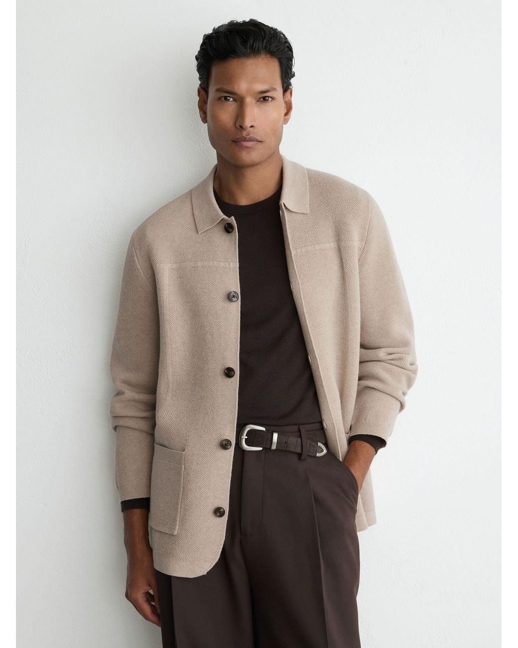 Reiss Natural Wool Collared Patch-Pocket Cardigan for men