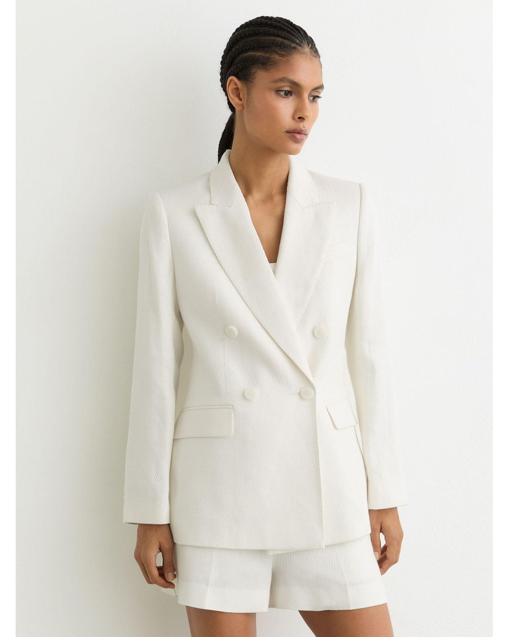 Reiss White Linen-Blend Double-Breasted Suit Jacket