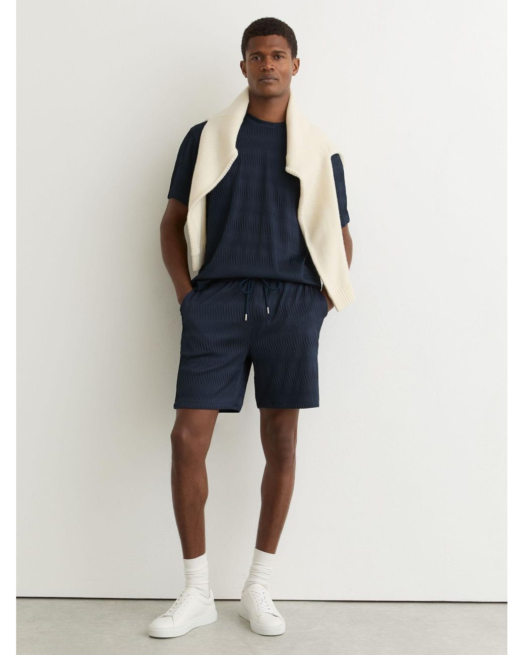 Reiss Blue Textured-Wave Drawstring Shorts for men