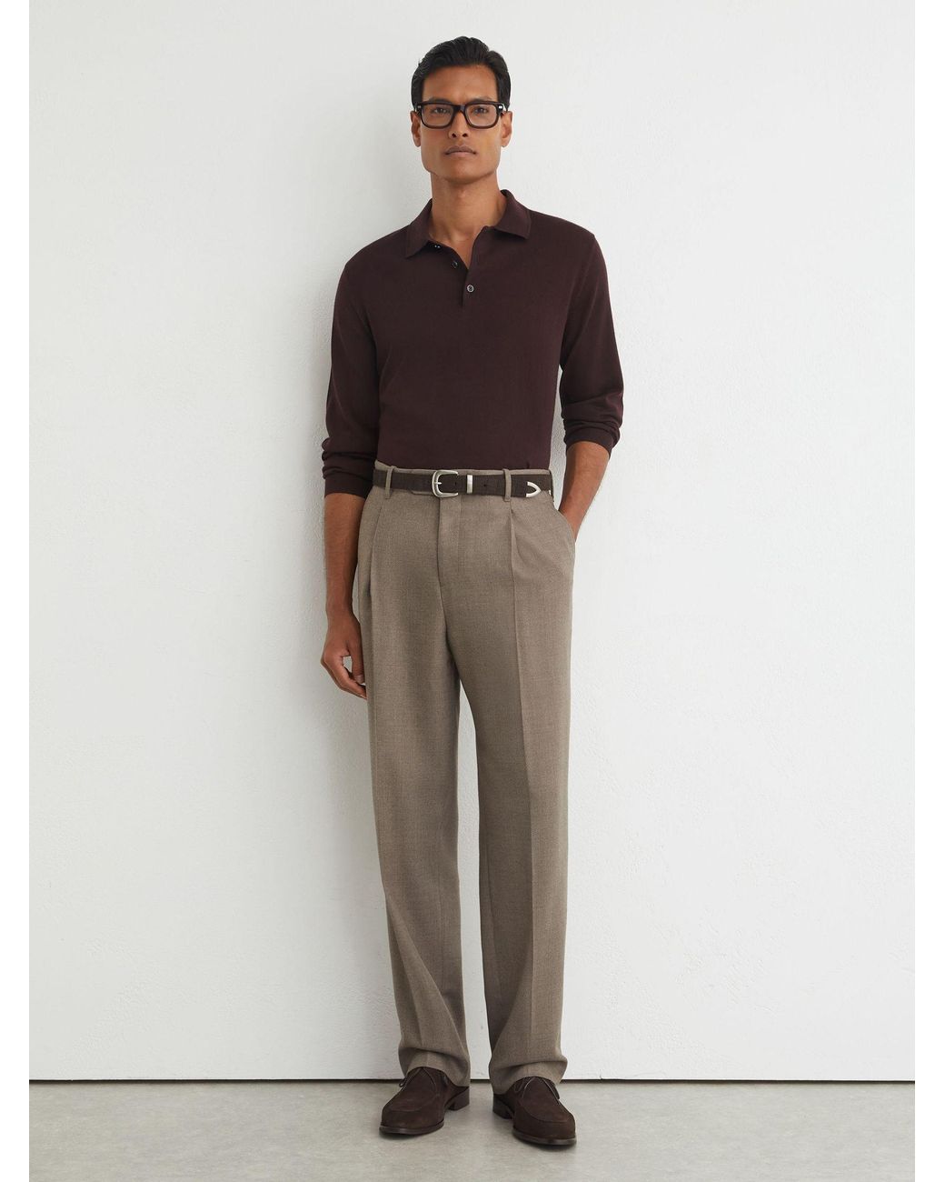 Reiss Brown Merino Wool Long-Sleeve Polo Shirt for men