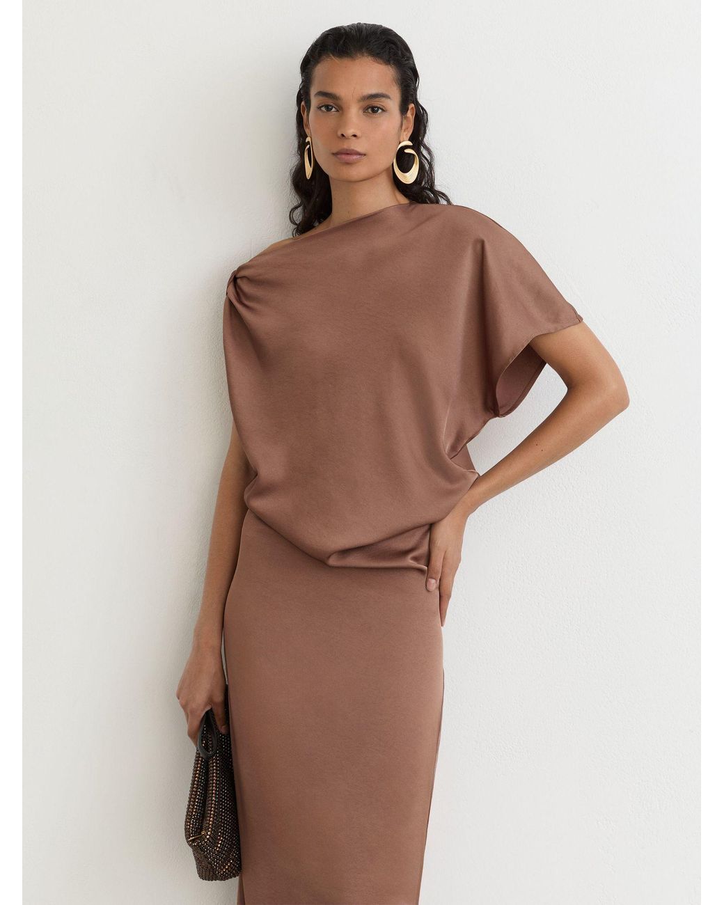 PAIGE Natural Taupe Petite Satin Asymmetric Draped Maxi Dress