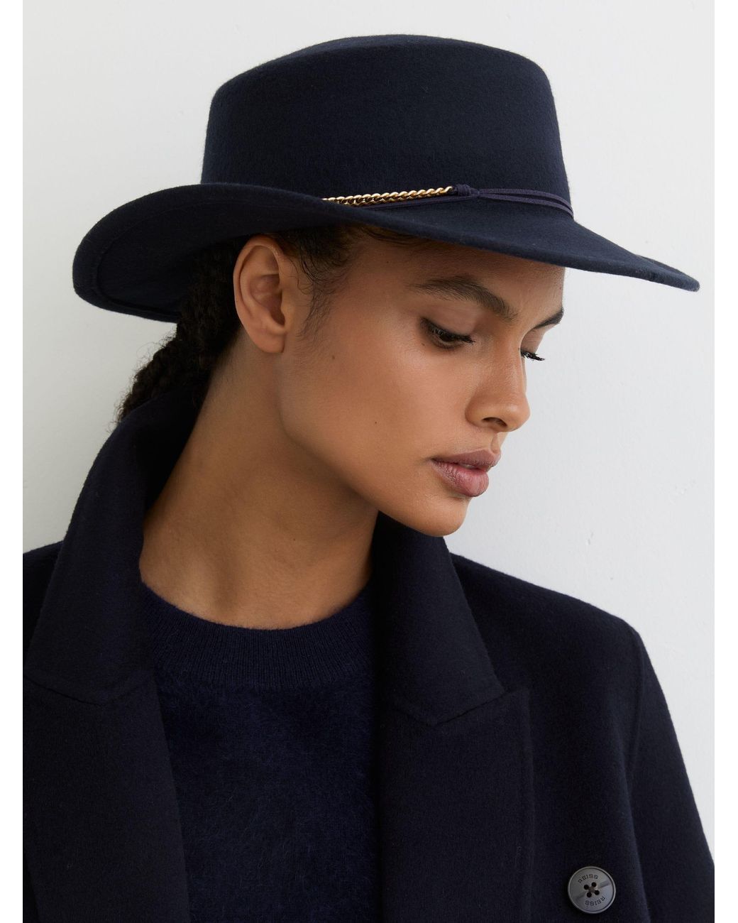 Reiss Blue Lacey - Navy Wool Felt Chain-strap Fedora Hat, M-l