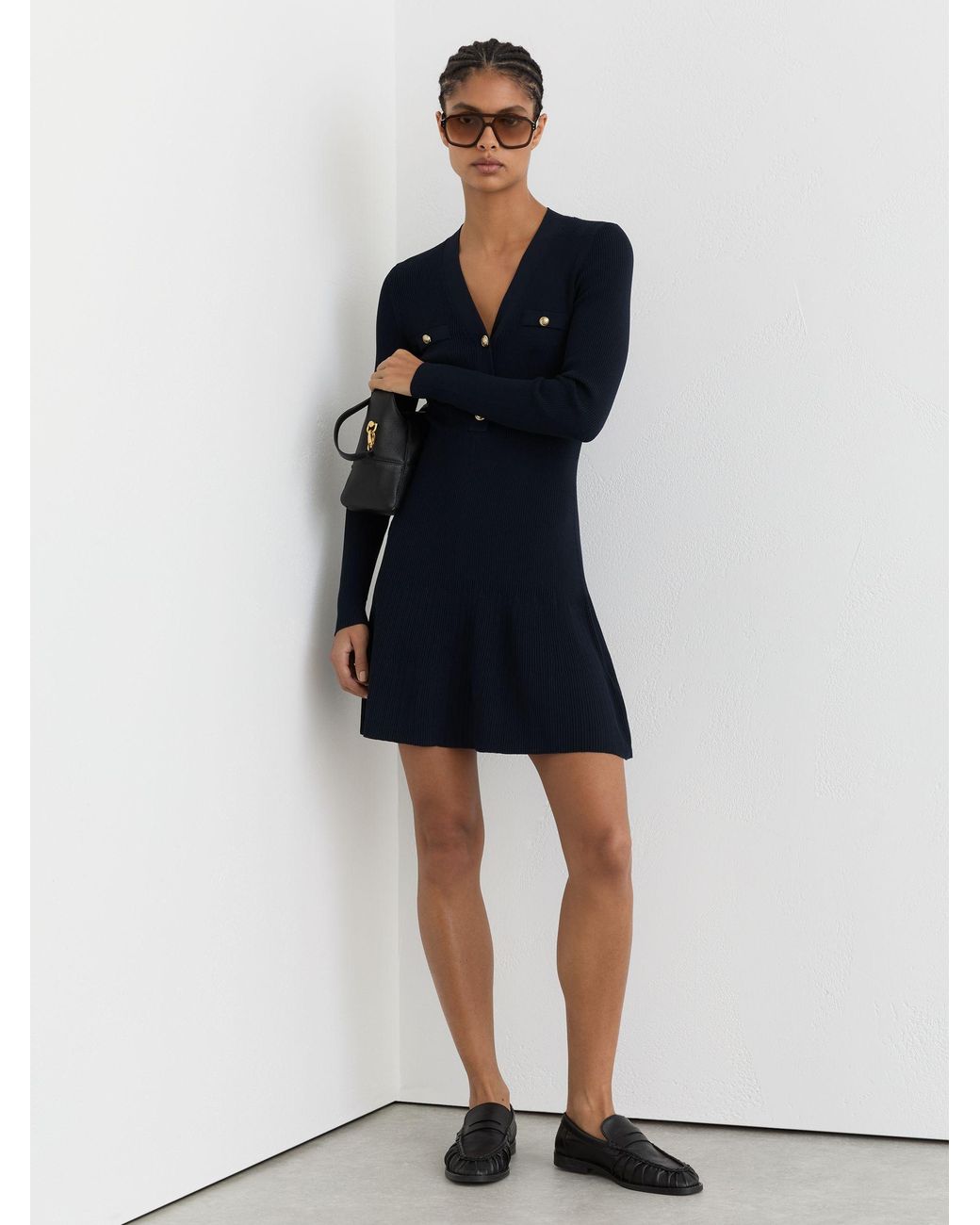 Reiss Blue Knitted Button-Detail Mini Dress