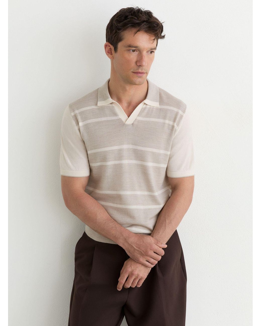 Reiss White Oatmeal & Merino Wool Striped-Knit Polo Jumper for men