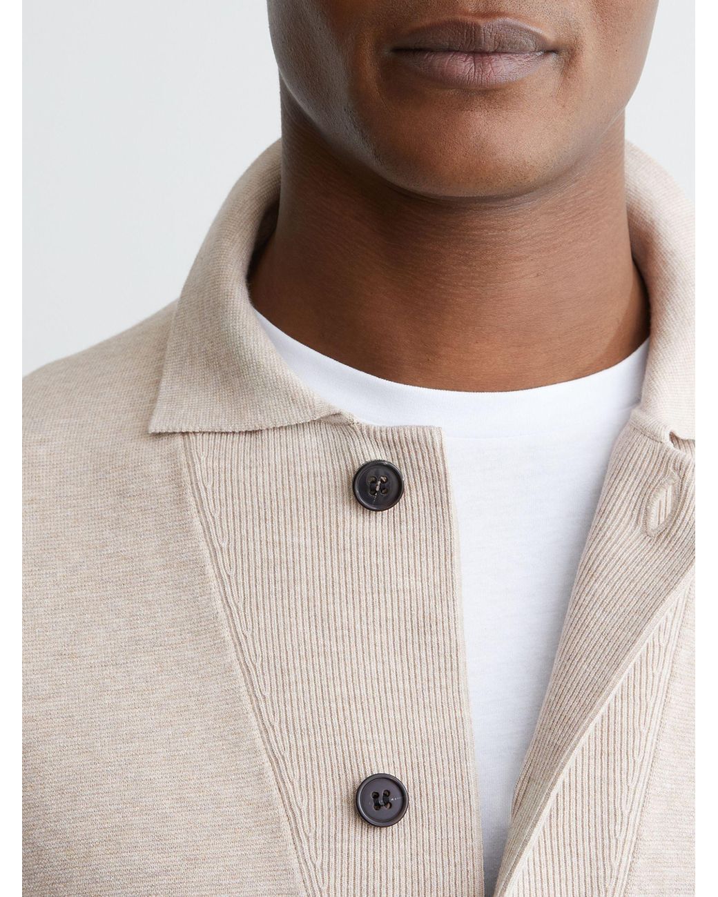 Reiss Natural Plaza - Oatmeal Collared Button-through Cardigan, L for men