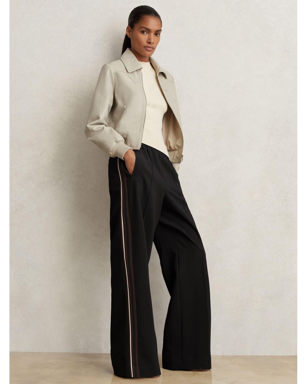 Reiss White Side-Stripe Wide-Leg Trousers