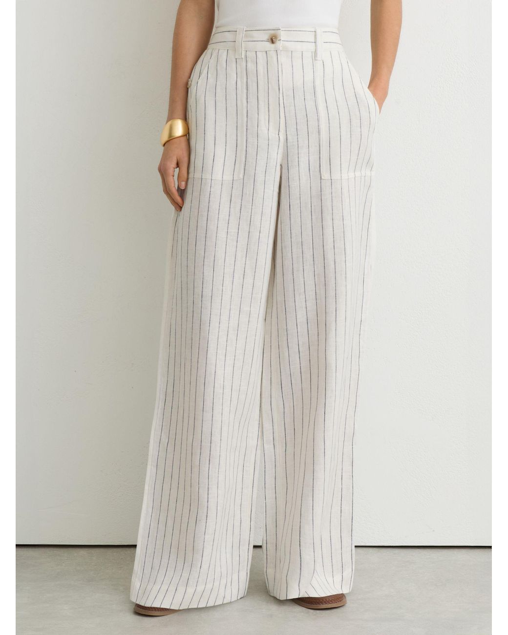 Reiss White Linen Pinstripe Wide-Leg Trousers