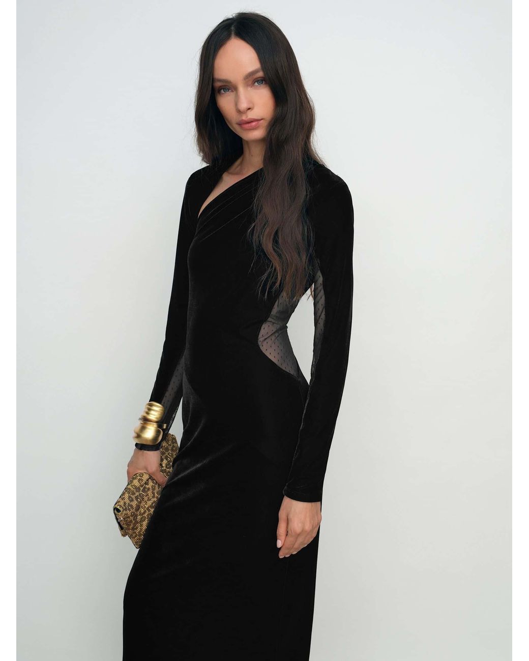 Reiss Black Velvet Sheer-Panel Cut-Out Midi Dress