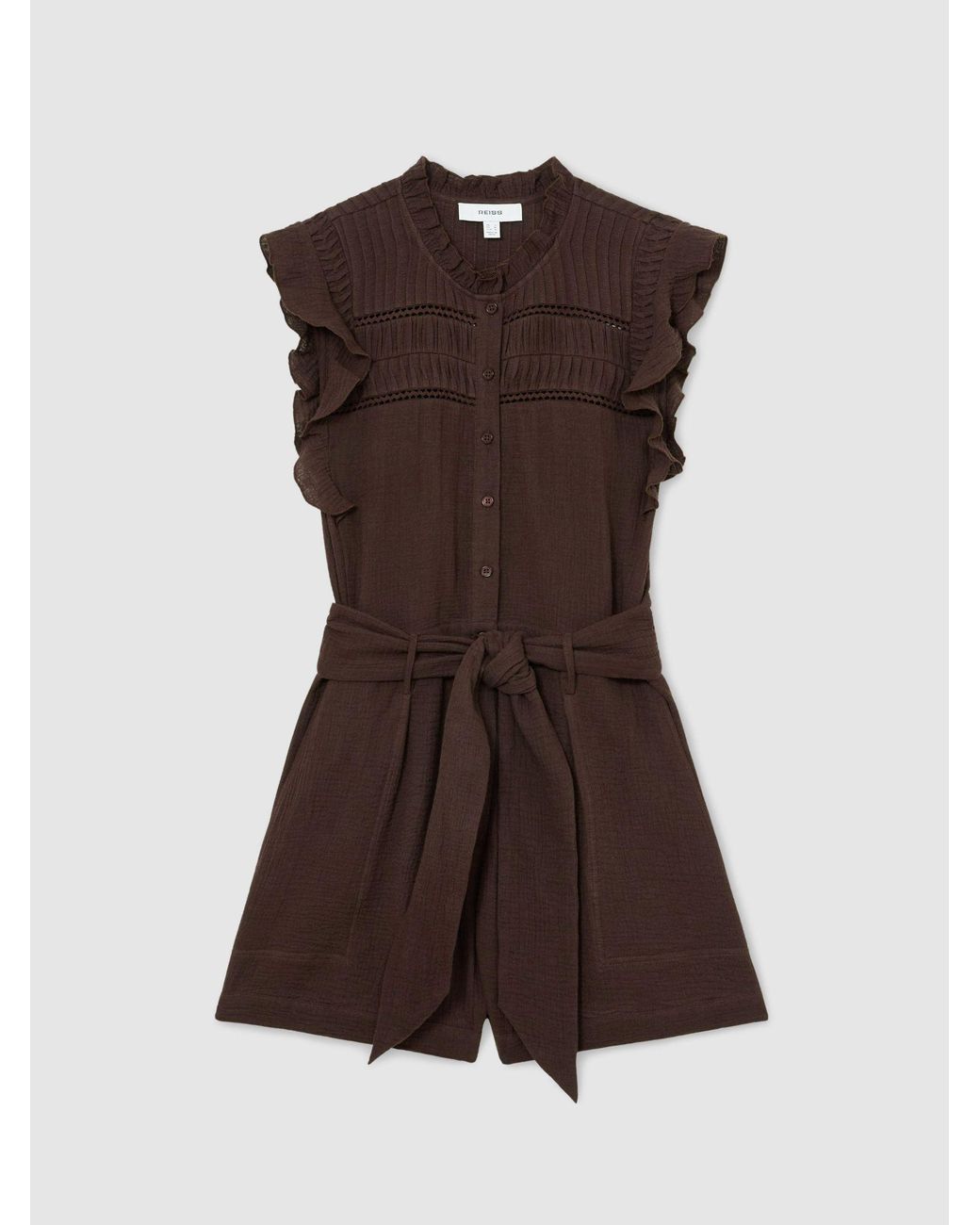 Reiss Brown Cotton Cheesecloth Ruffle-Detail Playsuit
