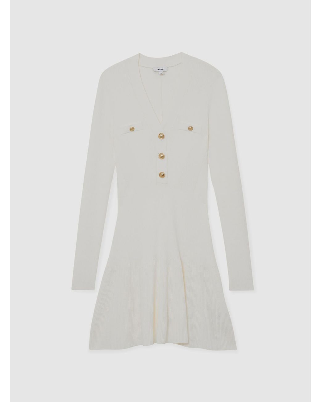 Reiss White Knitted Button-Detail Mini Dress