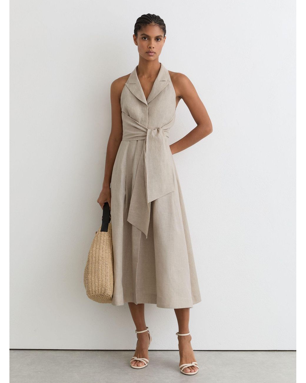 Reiss Natural Tara Neutral Linen Tie-Waist Tailored Midi Dress