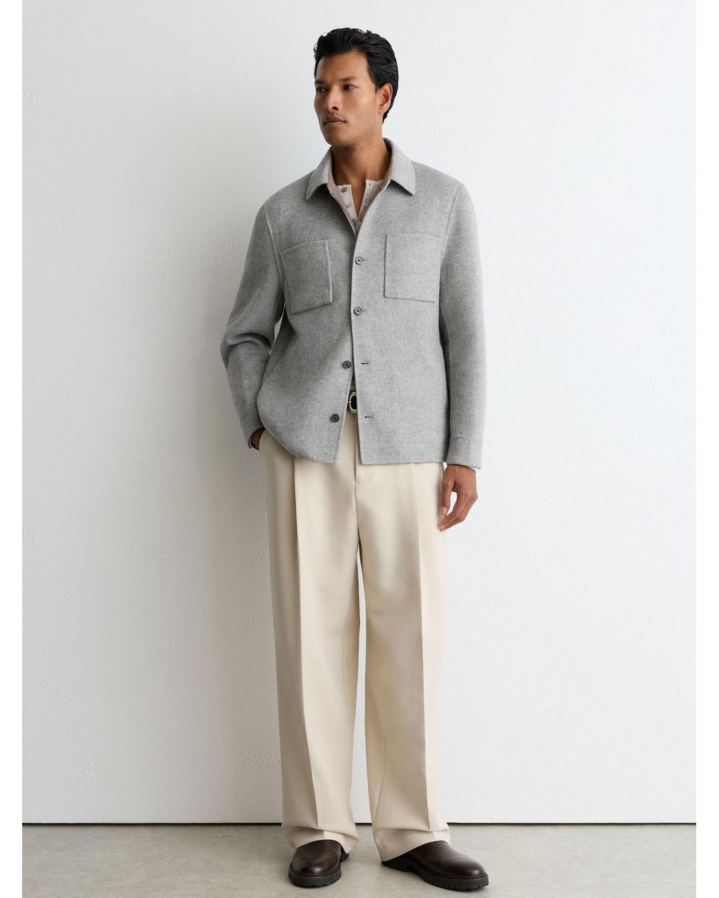 Reiss Gray Soft Gano Wool-Blend Herringbone Blind-Seam Overshirt for men