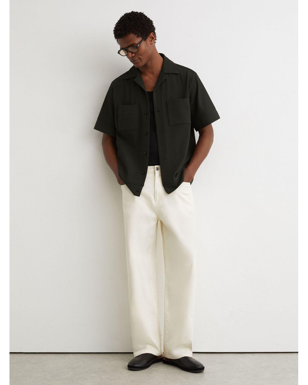 Reiss Black Ribbed Cuban-Collar Shirt for men