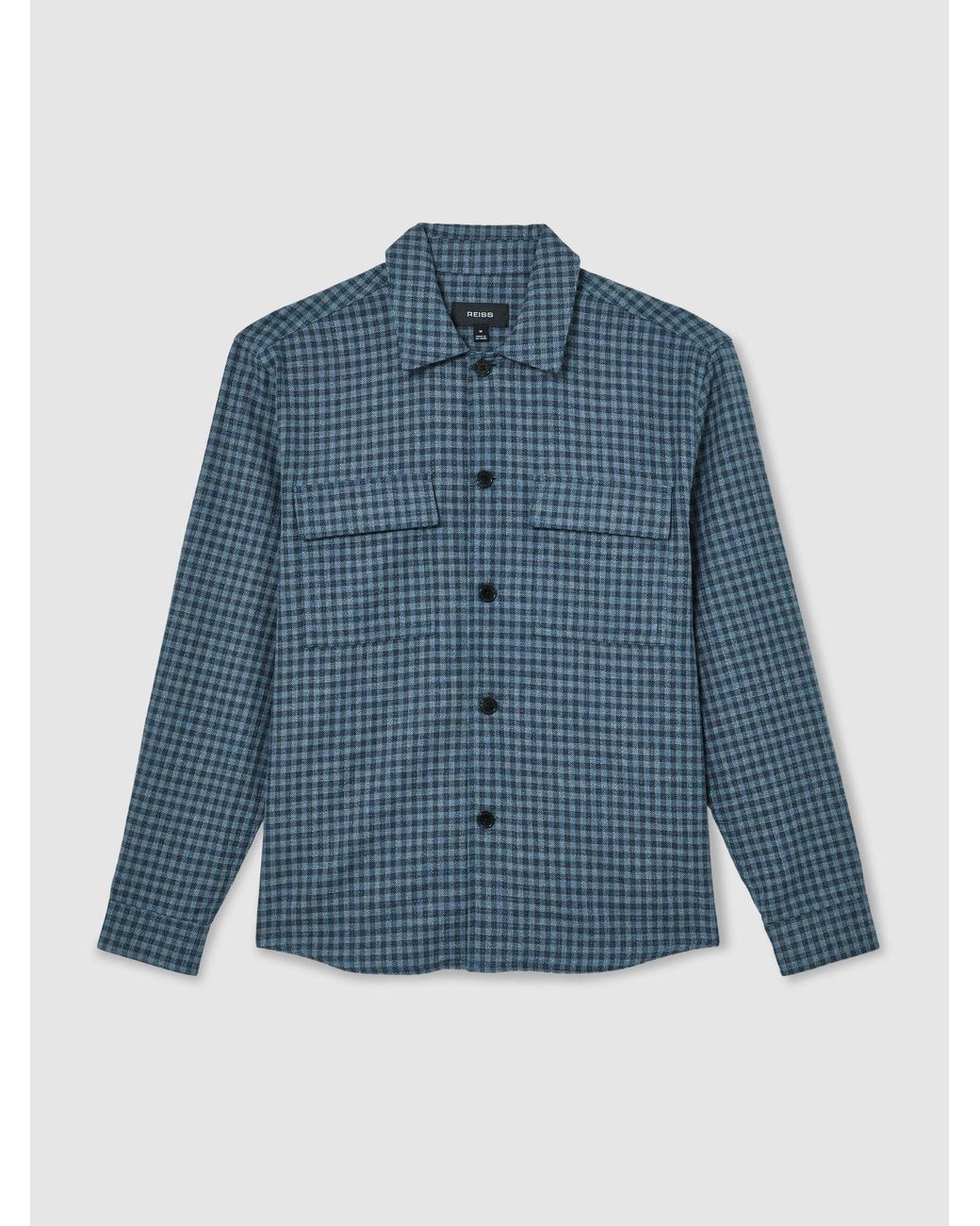Reiss Blue Cotton-Linen Checked Overshirt for men