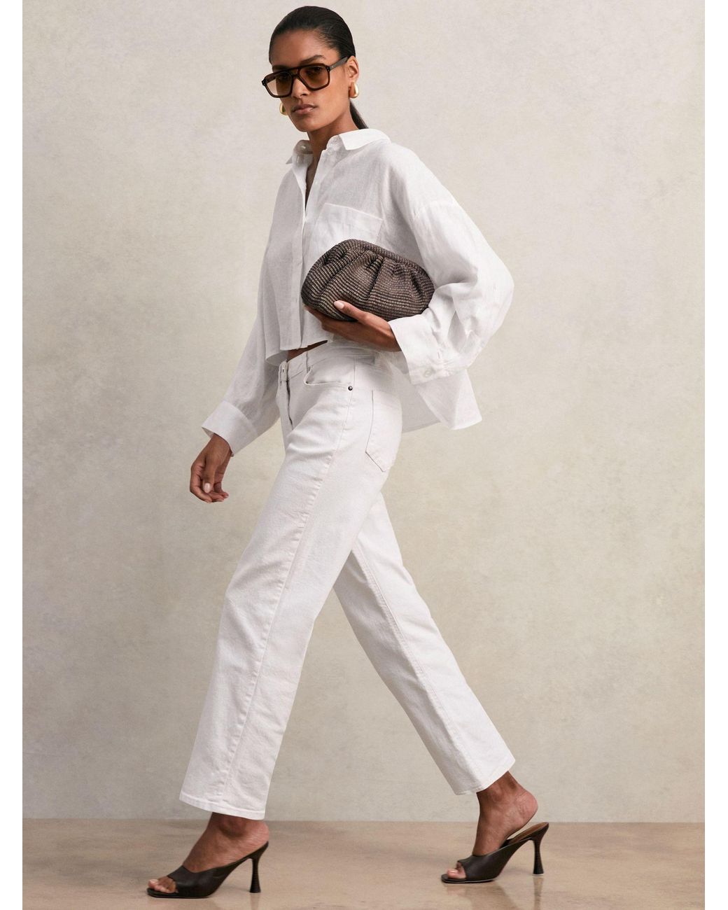 Reiss White Linen Oversize Cropped Shirt