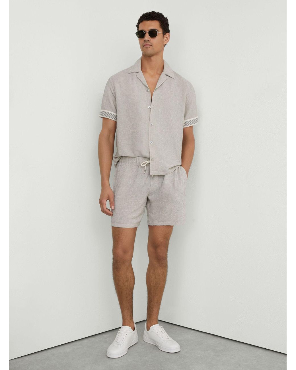 Reiss Gray Textured Stripe-Tape Cuban-Collar Shirt for men