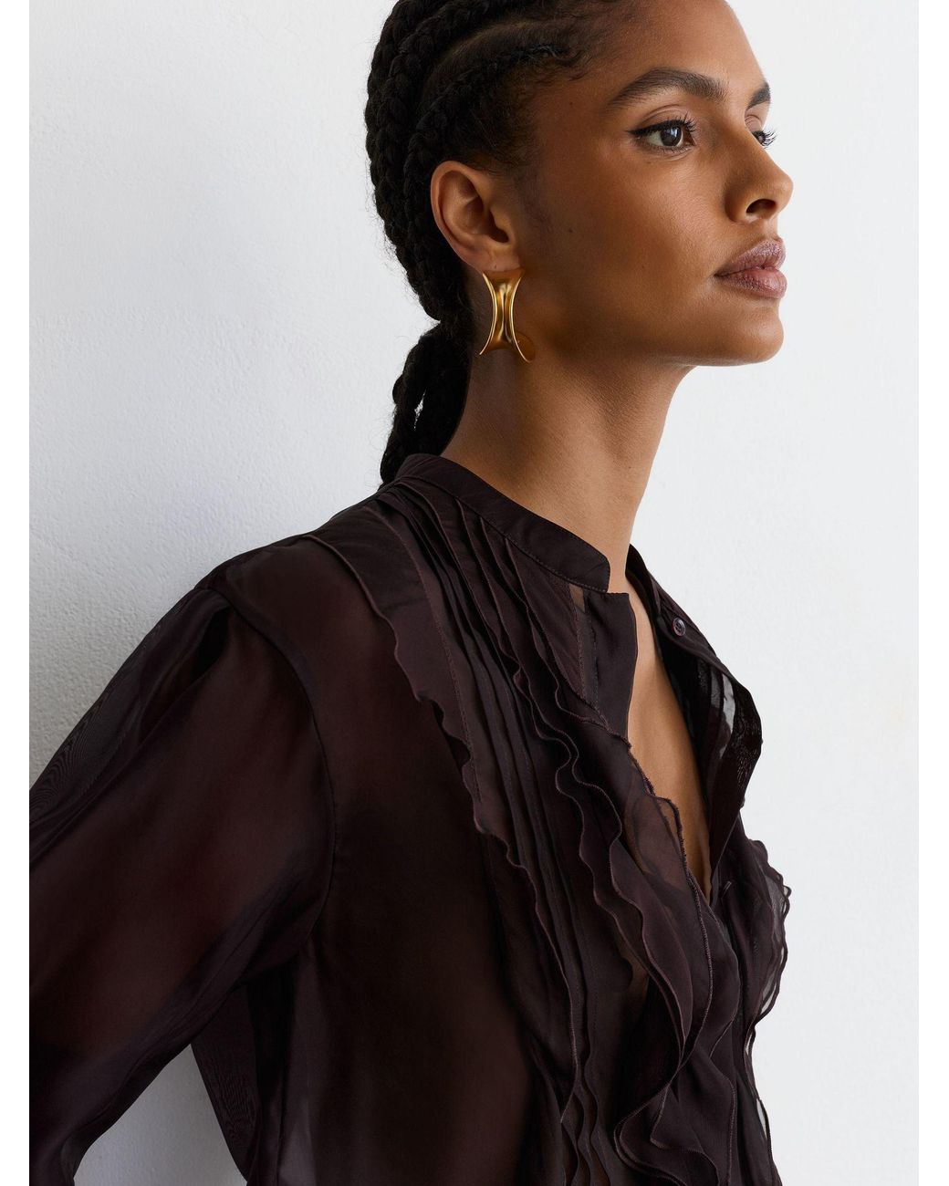 Reiss Brown Organza Frill-Detail Short-Sleeve Top With Silk