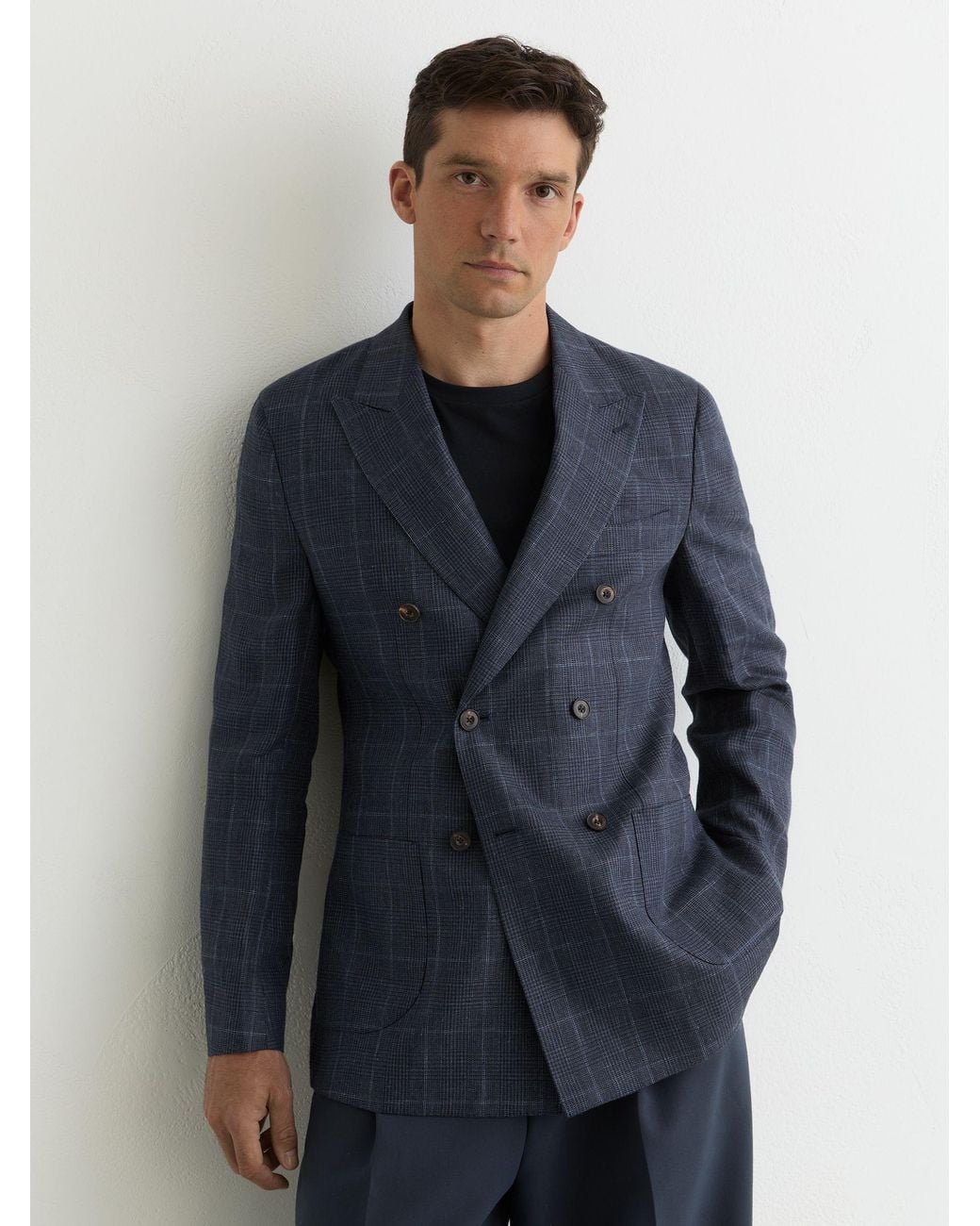 Reiss Blue Adoro - Navy Linen Check Double-breasted Tailored-fit Blazer, Us 42 for men