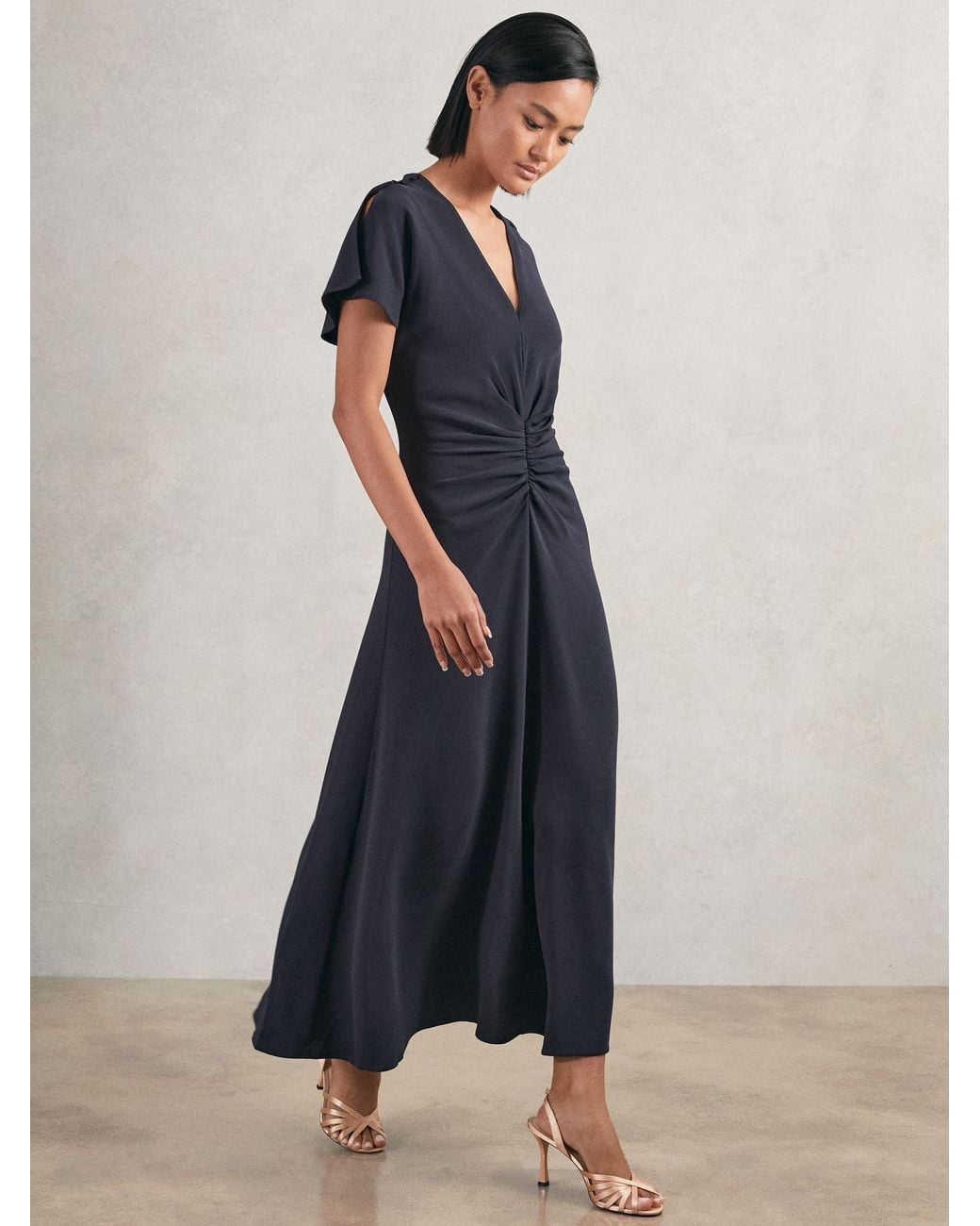 Reiss Blue Ruched-Front Midi Dress