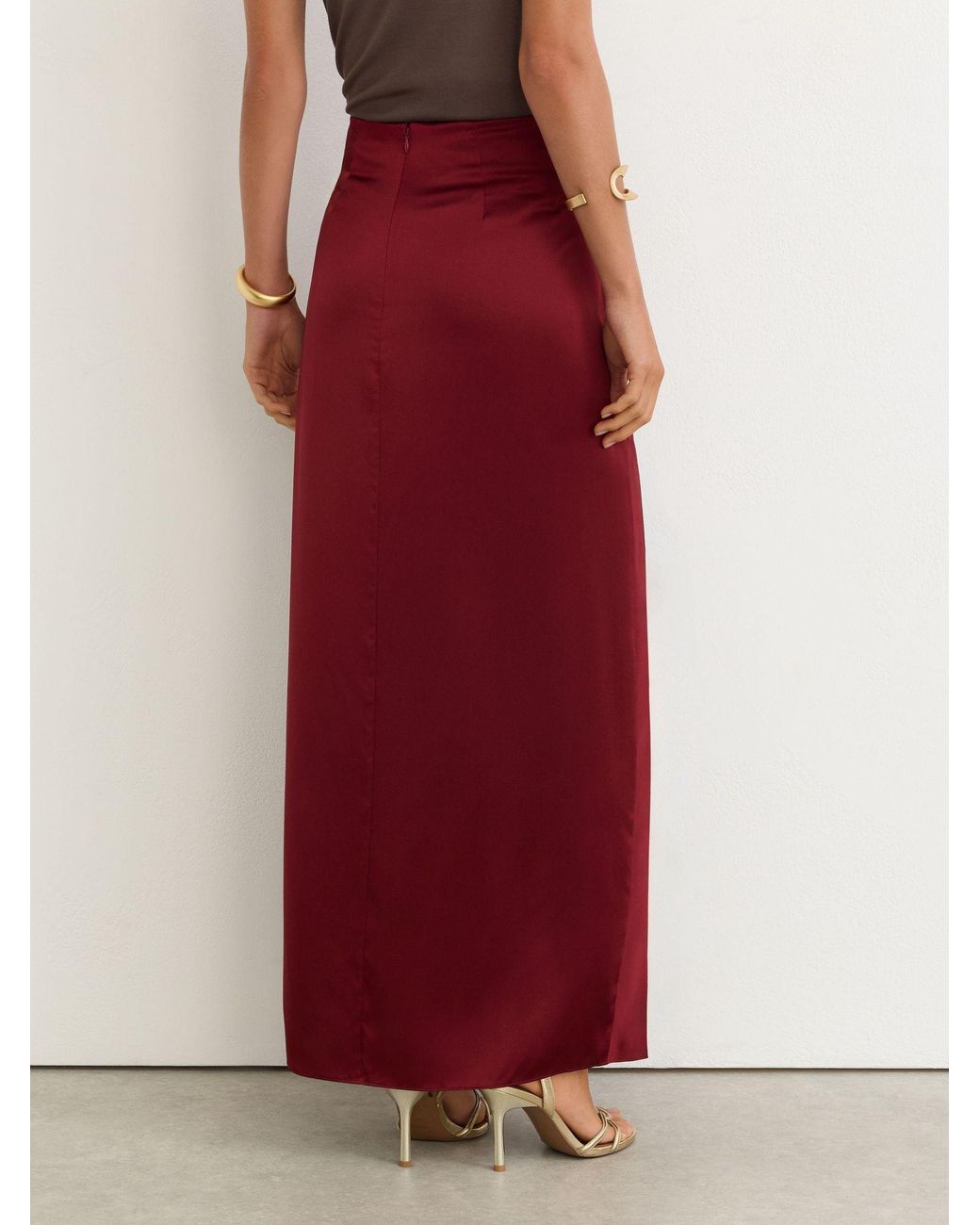 Reiss Red Silk Drape-Detail Maxi Skirt