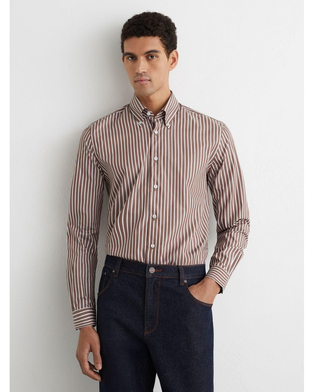 Reiss Guyton - Brown Cotton Stripe Button-down Shirt Regular-fit, 14.5 for men