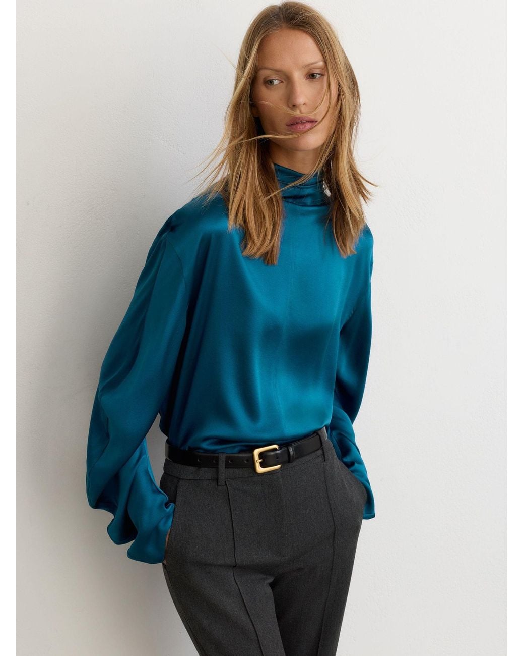 Reiss Blue Silk High-Neck Blouse
