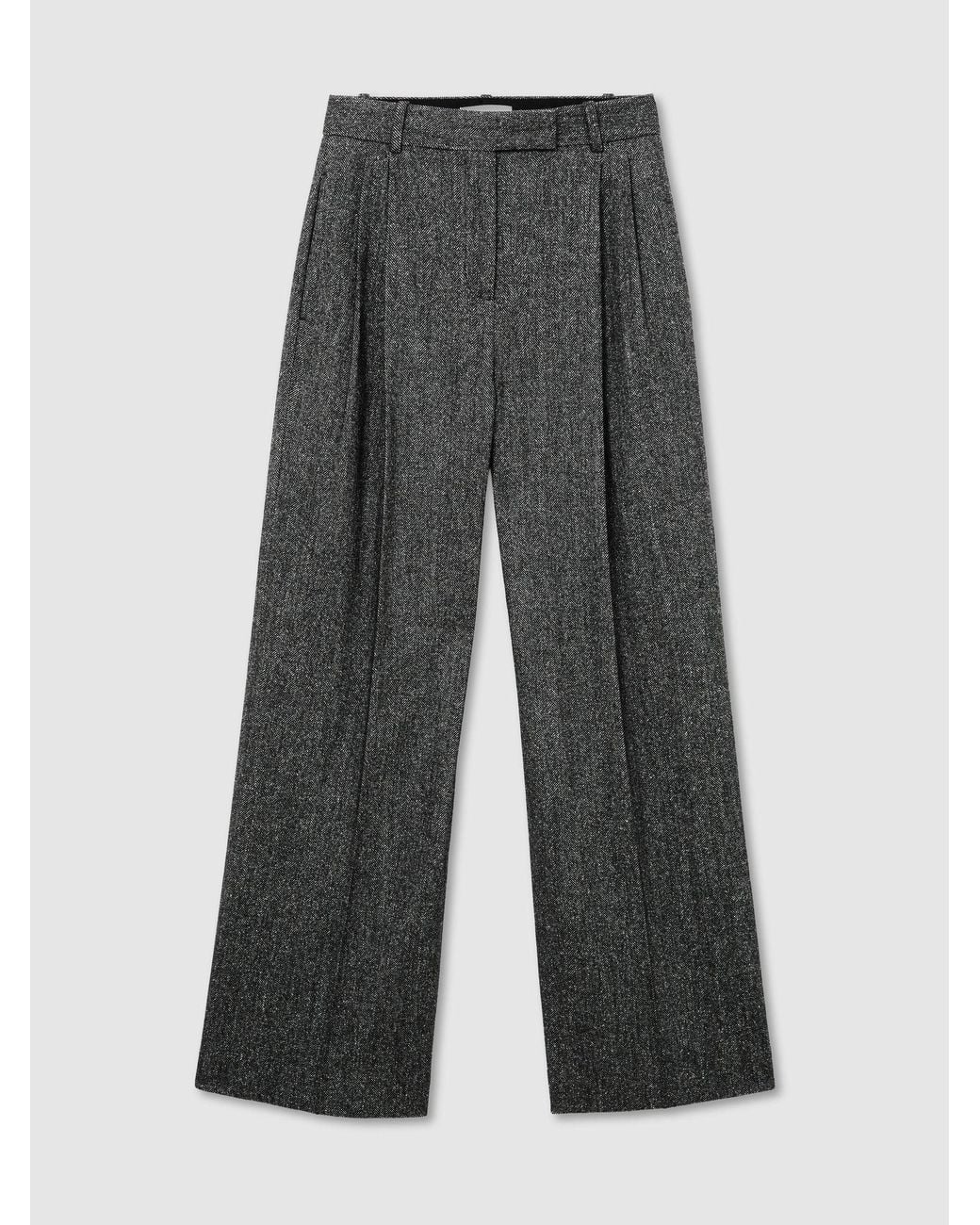 Reiss Black Wool-Silk Herringbone Wide-Leg Trousers
