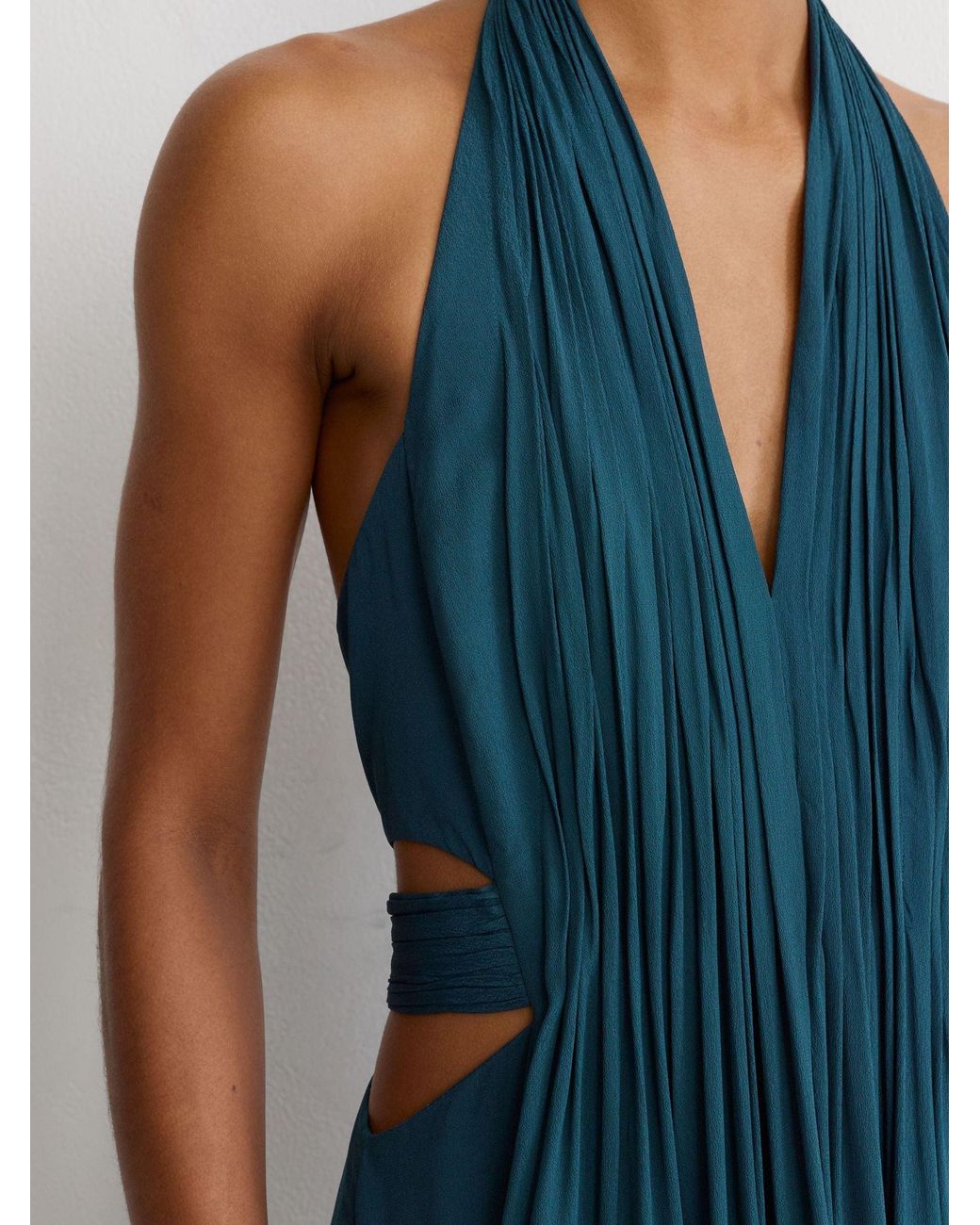 Reiss Blue Cara Petite Halterneck Pleated Maxi Dress